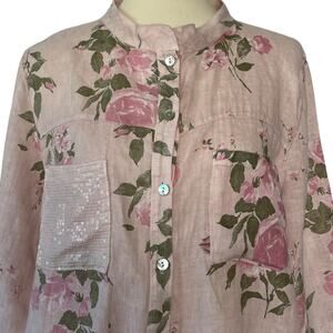 Paris Tempo Linen Blouse Rose Floral Button Down Size Large Sequin Pocket